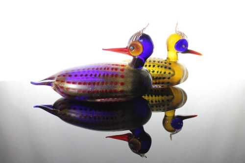 <em><b>Romano Donà</b><br />Two Mandarin Ducks<br />Italy 2002</em> Romano Dona Gino Cenedese & C., Murano Glass Unique Duck Sculpture