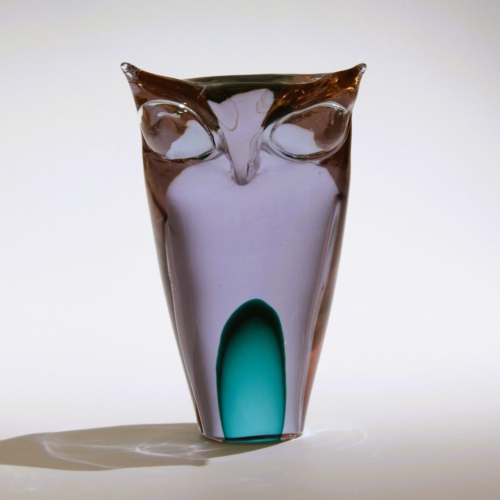 <em><b>Antonio Da Ros</b><br />Owl<br /> Italy 1962</em> antonio da ros murano glass purlpe owl sculpture by gino cenedese 1962