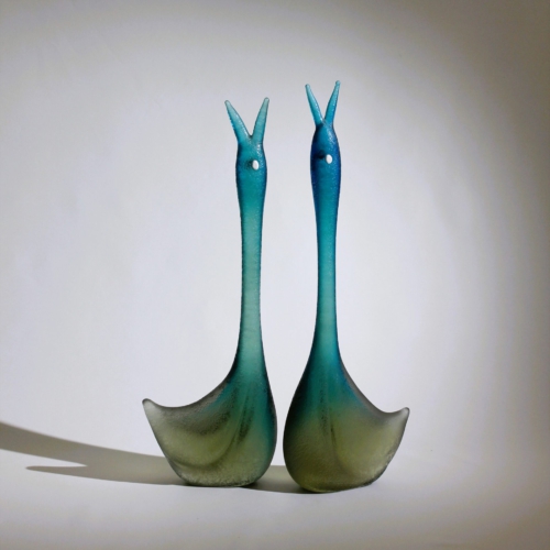 <em><b>Flavio Poli</b><br />Swan Sculptures<br />Italy 1940</em> flavio poli seguso vetri d arte murano glass sculptures two blue swans corroso c. 1940s