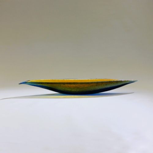 <em><b>Flavio Poli</b><br>Leaf Bowl<br>Italy 1950</em> seguso vetri d arte murano glass leaf bowl corroso blue yellow pauly and c