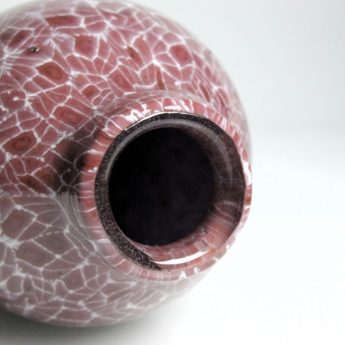 rmanno Toso (design), Vittorio Ferro (executed), murrine vase c. 1995. Hand blown glass vase in baluster form. Made of closely fused opaque-wine-red murrine with opaque-white border, very complex handwork. Inside layer of colorless glass. 1211122 vittorio ferro murano glass vase murrine ermanno toso