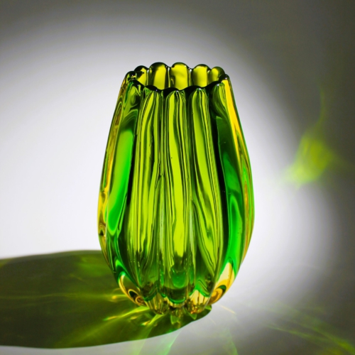 <em><b>Flavio Poli</b><br>Vase a Coste, big size<br>Italy 1958</em> flavio poli murano glass vase a coste green yellow big size for seguso vetri d arte 1958