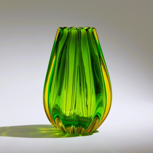 <em><b>Flavio Poli</b><br>Vase a Coste<br>Italy 1958</em> flavio poli murano glass vase a coste green yellow for seguso vetri d arte 1958