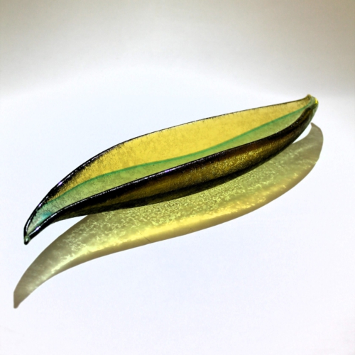<em><b>Flavio Poli</b><br>Leaf Bowl<br>Italy 1950</em> seguso vetri d arte murano glass leaf bowl corroso green yellow pauly and c
