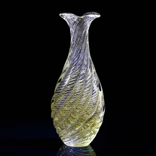 <em><b>Flavio Poli</b><br />Vase "Incrociato Oro"<br />Italy 1958</em> Flavio Poli, vase "Incrociato Oro", manufactured by Seguso Vetri d'Arte, Murano, Italy c. 1958. Colorless overlay glass, spirally ribbed body with fused, vertically ribbed gold foil bands. (model number:12023)