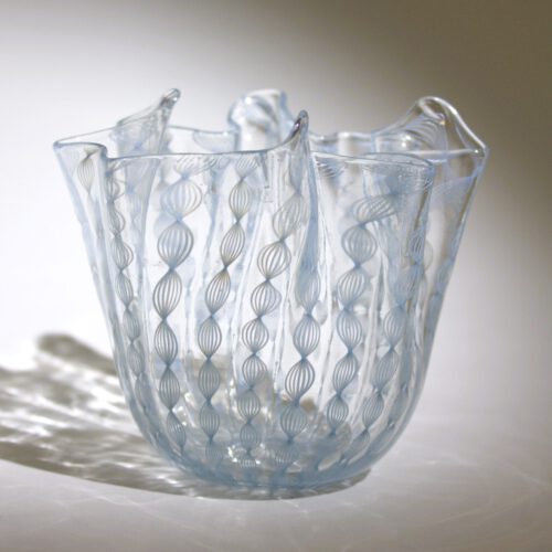 fulvio bianconi, murano glass fazzoletto vase, venini, zanfirico light blue.