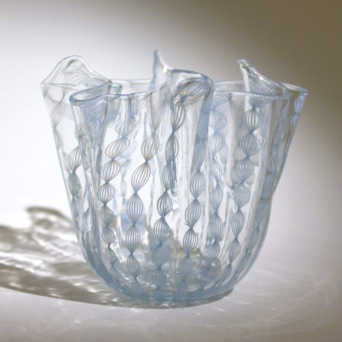 fulvio bianconi, murano glass fazzoletto vase, venini, zanfirico light blue.