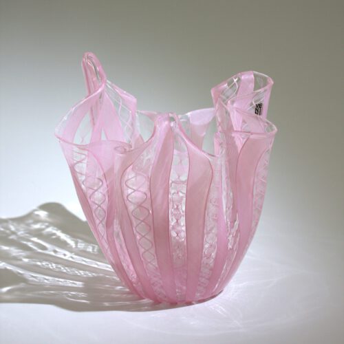 fulvio bianconi, murano glass fazzoletto vase, venini, zanfirico pink, 1970