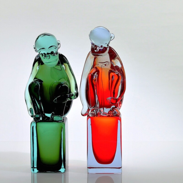 <em><b>Ermanno Nason</b><br />Two Monkeys<br />Italy 1965</em> Ermanno Nason, Two Monkeys Sculpture, Murano Glass, green and red c. 1965